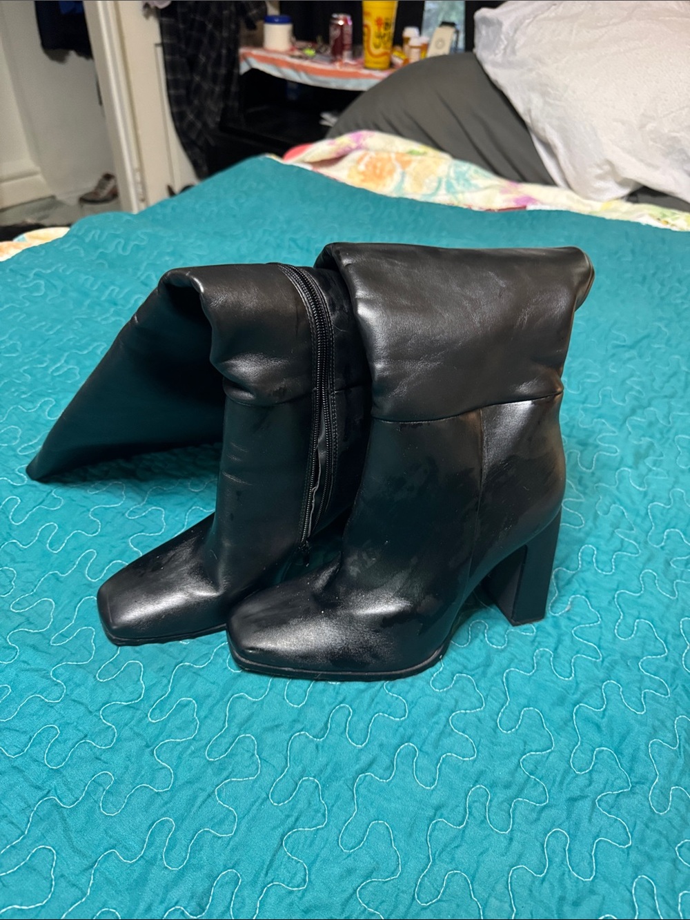 JustFab Black Fold-Over Block Heel Ankle Boots